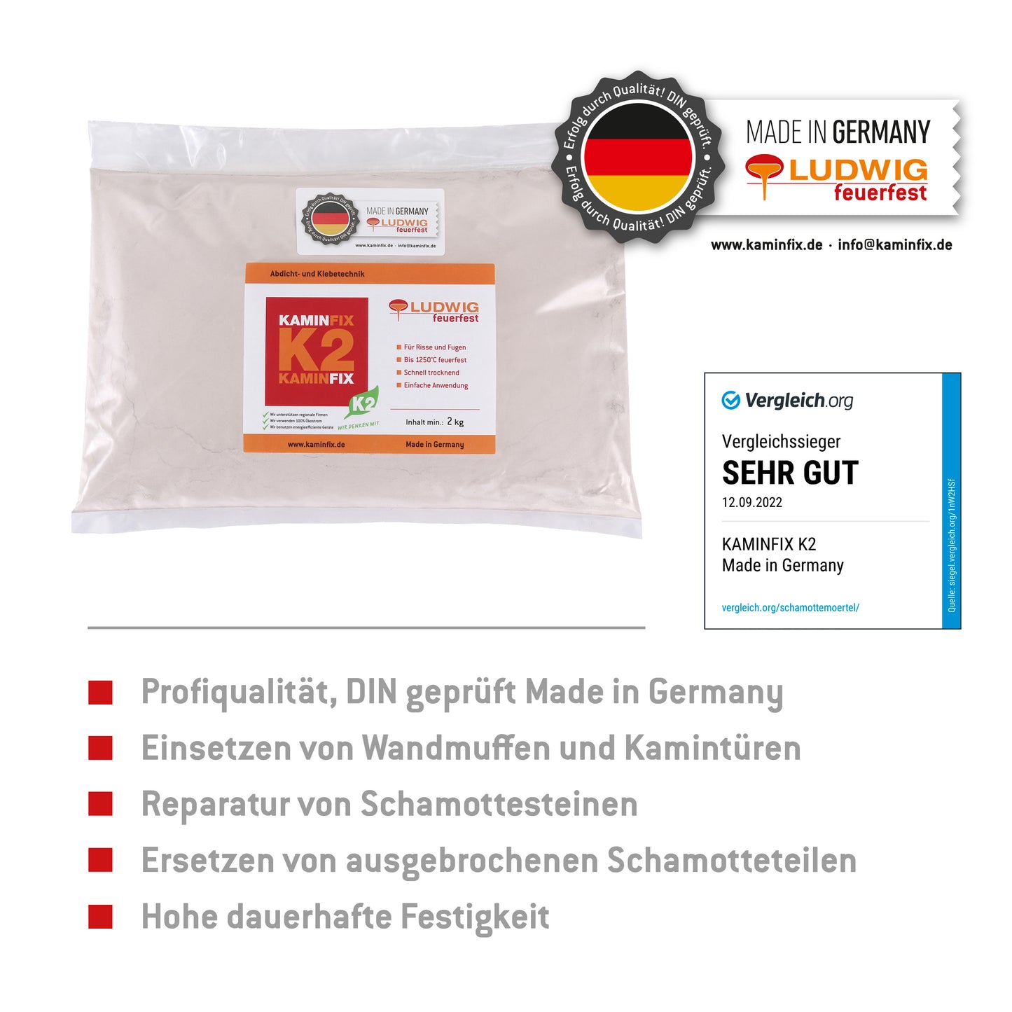 Schamottemörtel 2kg mit Doppelwandfutter in unterschiedlichen Durchmessern