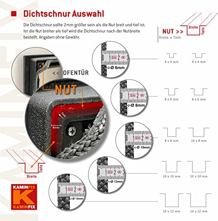 Ofendichtschnur inkl. Kleber, Kaminreparaturset Länge 2,5 m in der Größe: 6mm, 8mm, 10mm, 12mm und 14mm Breite